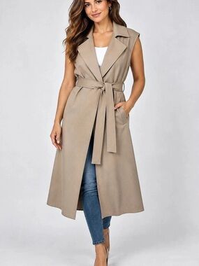H&M Beige Longline Sleeveless Trench Vest Belted Duster Coat Size L